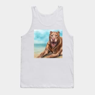 A Painting of a Red Nose Pit Bull Smiling and Basking in the Sun on the Beach Tank Top